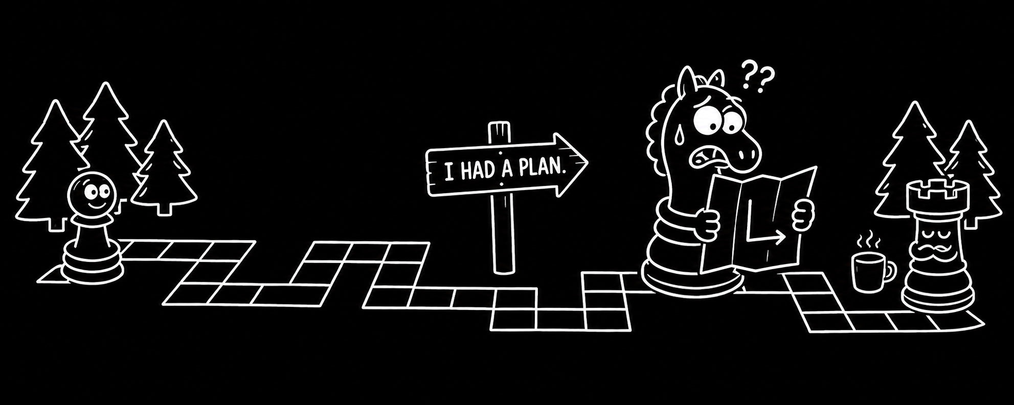 A confused Blunder Club knight consults a map beside an I had a plan sign, while a pawn and rook wait along a winding chessboard path.