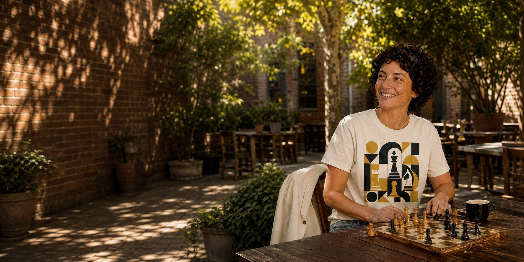 A woman wearing the Bauhaus chess tee enjoys an outdoor game in a sunlit courtyard