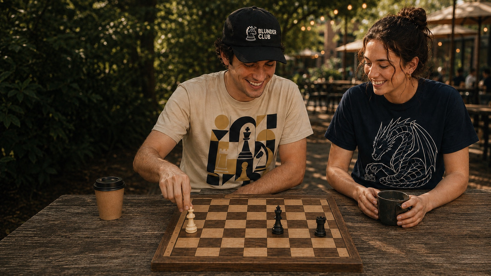 Two chess players in Bauhaus and Dragons Gambit tees sharing a laugh over a losing endgame